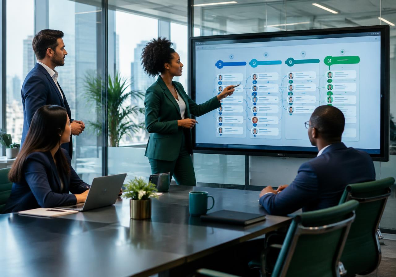 Team reviewing a customer pipeline on a screen